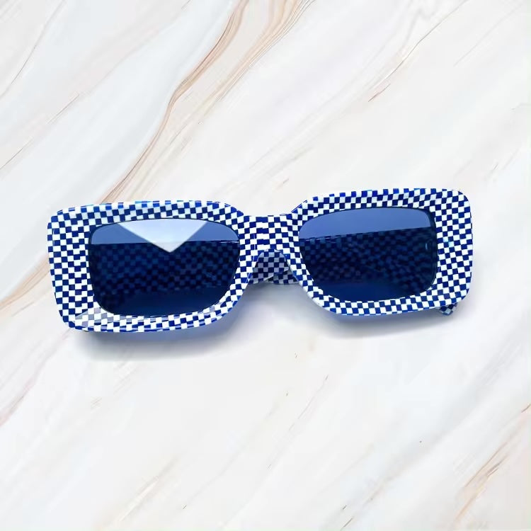 Bold acetate sunglasses in blue and white pattern