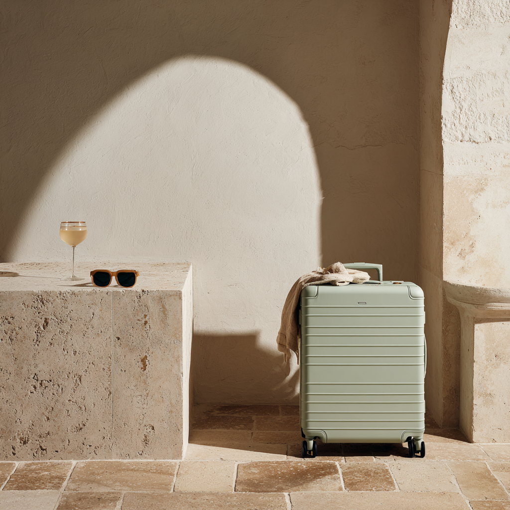 Light green suitcase on a stone floor with a glass of wine and sunglasses in the background.